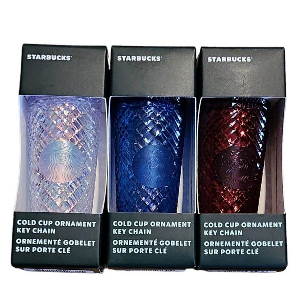 3 Starbucks 2022 Jeweled Tumbler Keychains Blue Azure White Clear Red Merlot Set